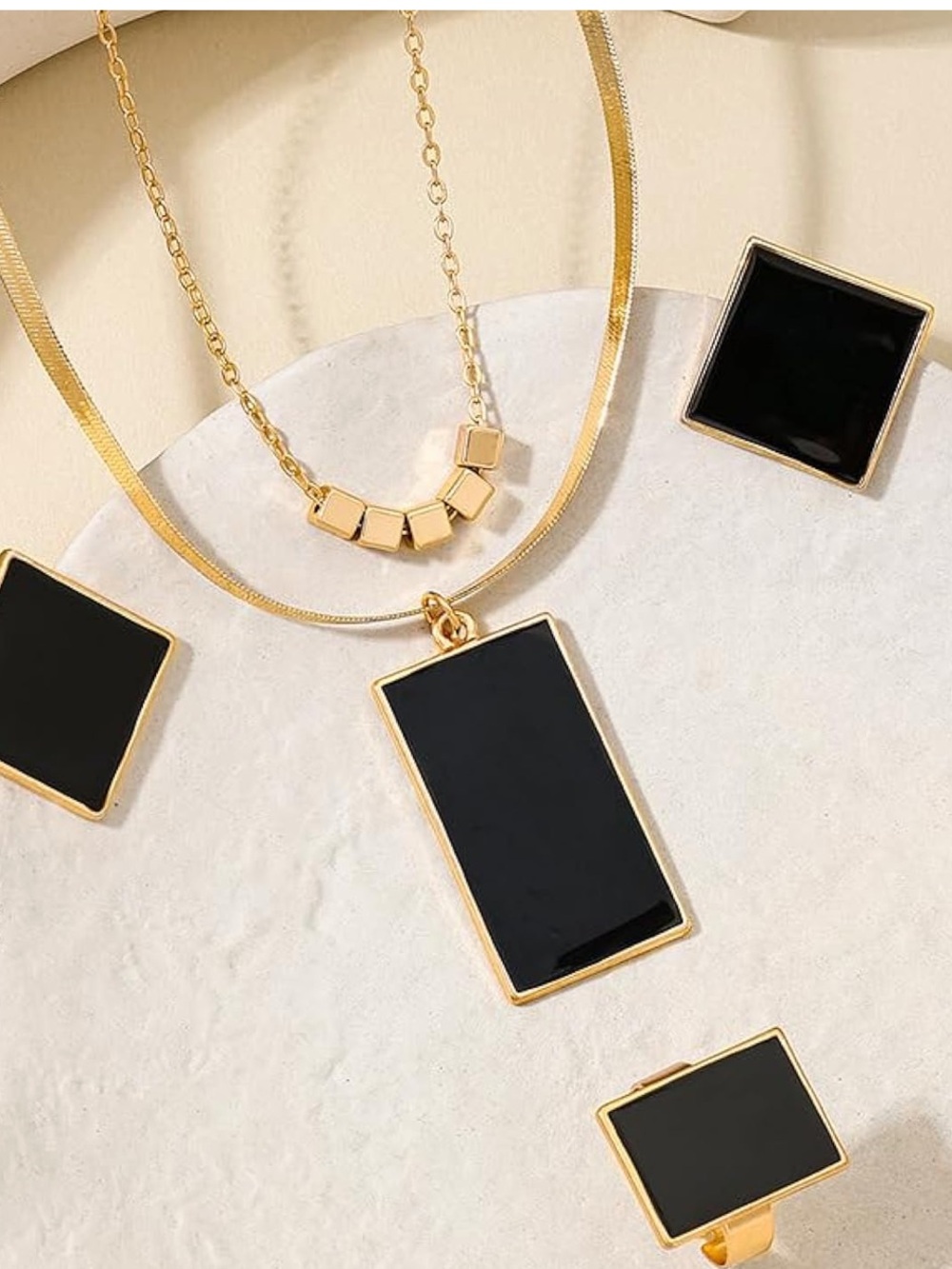 Black Geometric Jewelry Set Necklace Earrings Ring | Gold Tone - Picture 4 of 6